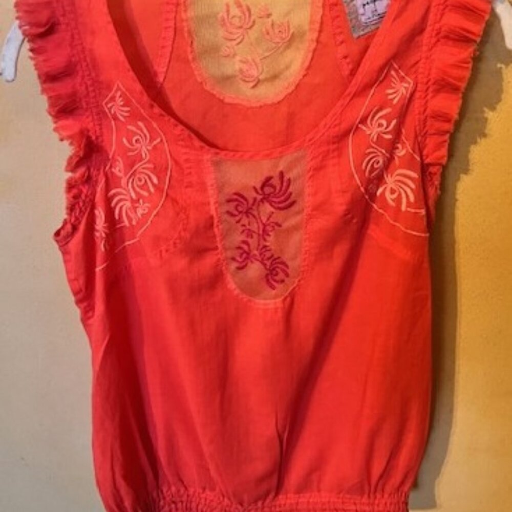 NEW Unique Free People Bright Red Lace Floral Windowpane Shirt Ruffled Sleeves